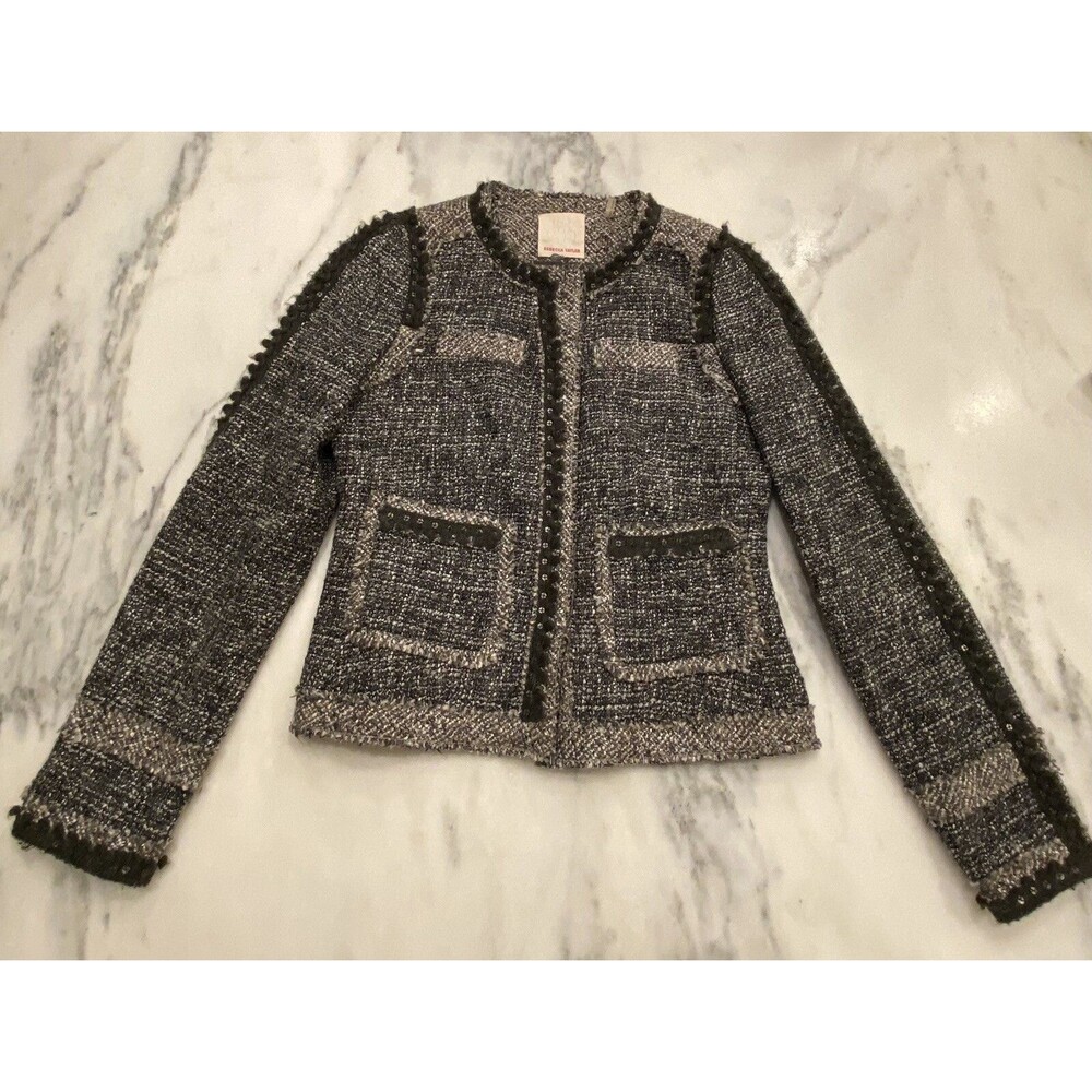 REBECCA TAYLOR Tweed Boucle Embellished Black and White Jacket 6 Button Front